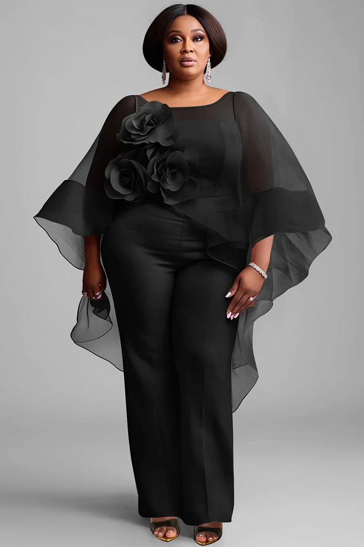 Xpluswear Design Plus Size Formal Black Round Neck 3D Elegant Asymmetric Hem Chiffon Jumpsuits Cardigan Set [Pre-Order] 2024 - Xpluswear