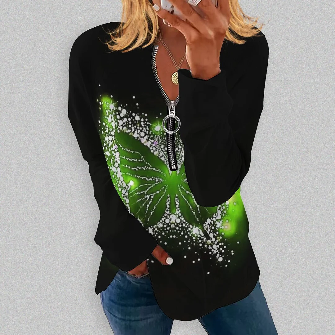 Rhinestone Butterfly Print Long Sleeve T-Shirt