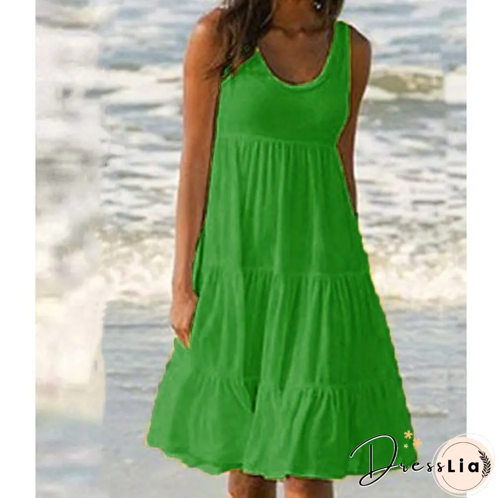 Summer Dresses Plus Size Fashion Clothes Women's Casual Tank Tops Party Beach Wear Loose Dresses Solid Color A-line Skirt Cotton Round Neck Off Shoulder Dress Ladies Pleated Halter Mini Dress Sleeveless Dresses