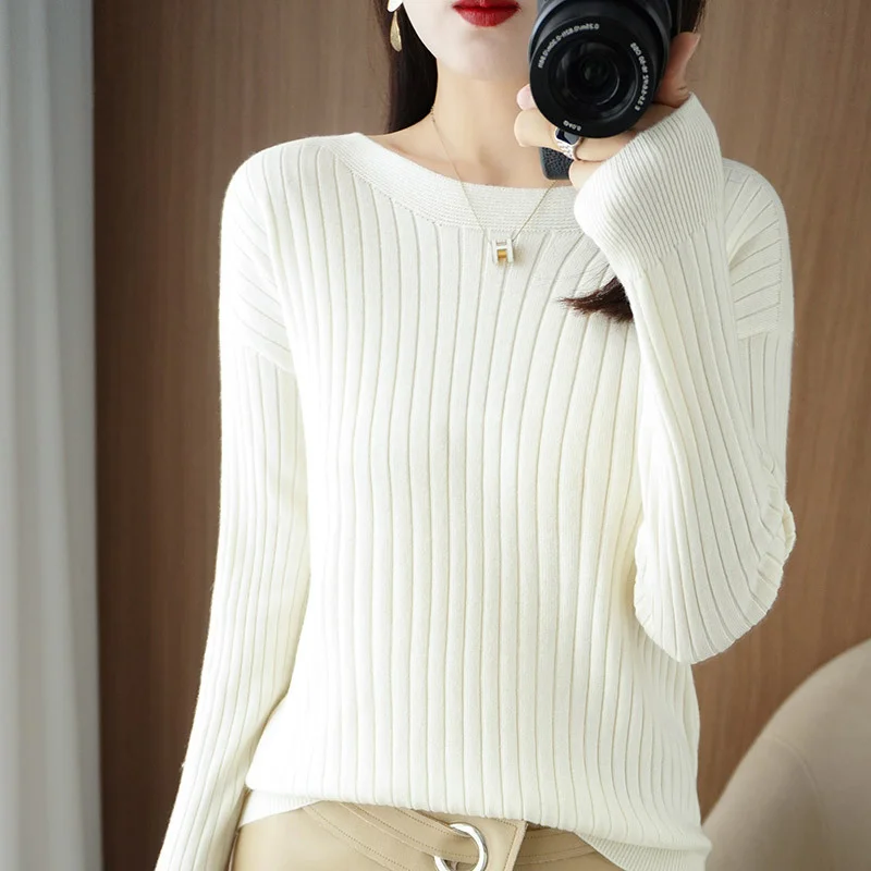 Ueong Ueong Round Collar Knit Women's Thin Early Spring And Autumn With A Sweater Long-Sleeve T-Shirt Wool Undershirt Loose.