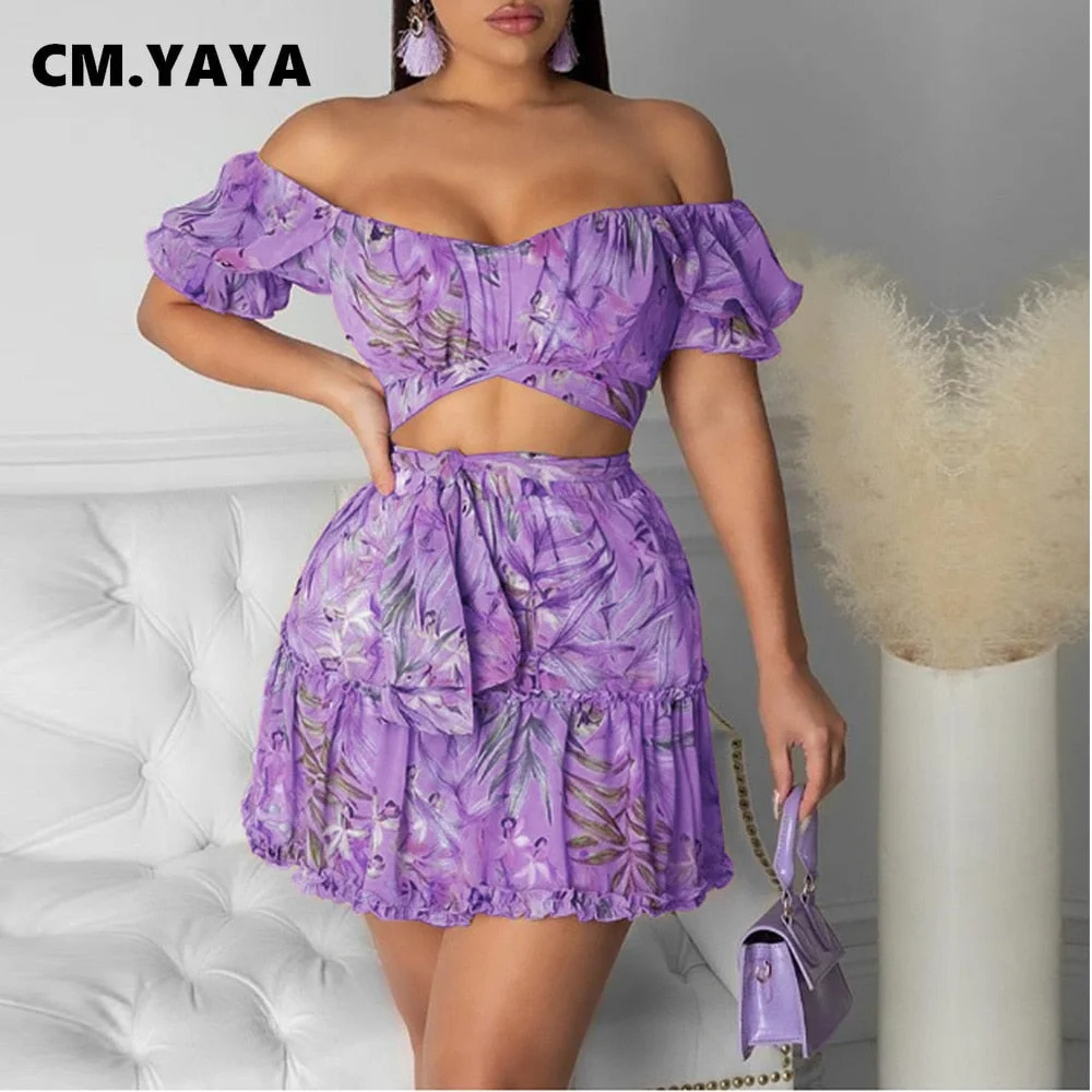 CM.YAYA Foral Beach Bohemian Women's Tracksuit Mini Pleated Skirts Set with Crop Tops Matching Two 2 Piece Set Active Sweatsuit