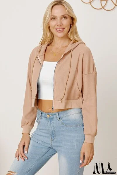 MidiSono - Waffle-Knit Drawstring Zip Up Hoodie