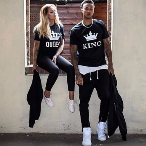 King Queen with Crown Printed 2PCS Short Sleeve Couple Matching T-shirts-VESSFUL