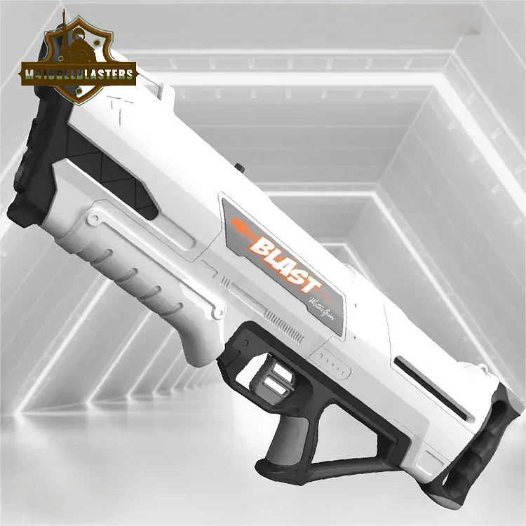 Snow-Mountain White HyperPump PowerBlast water gun angled in a futuristic light-strip hallway.