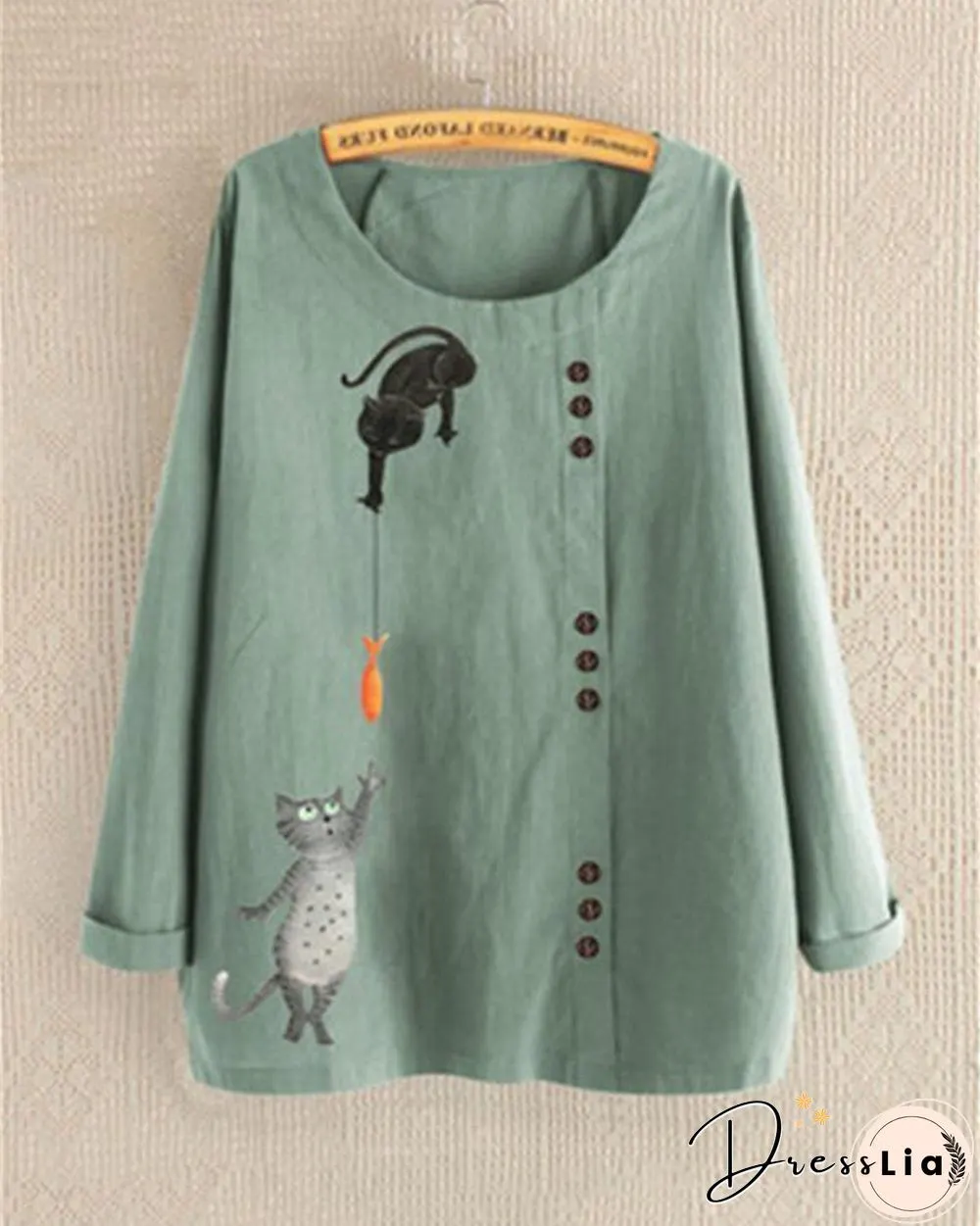 Round Neck Long Sleeve Cartoon Printed Blouses Tops