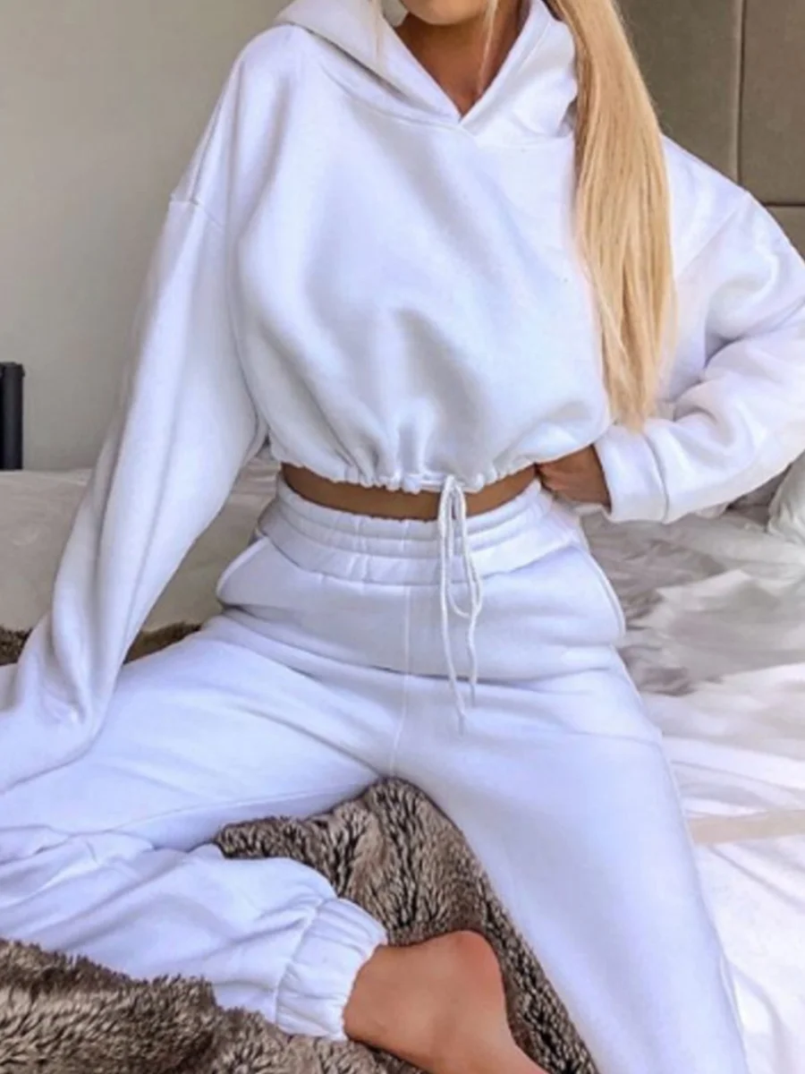 Plain Short Long Sleeve Hoodie 2-Piece Set