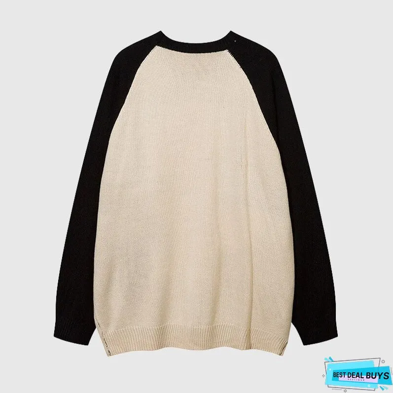 Color Contrast Dinosaur Patchwork Design Knit Pullover