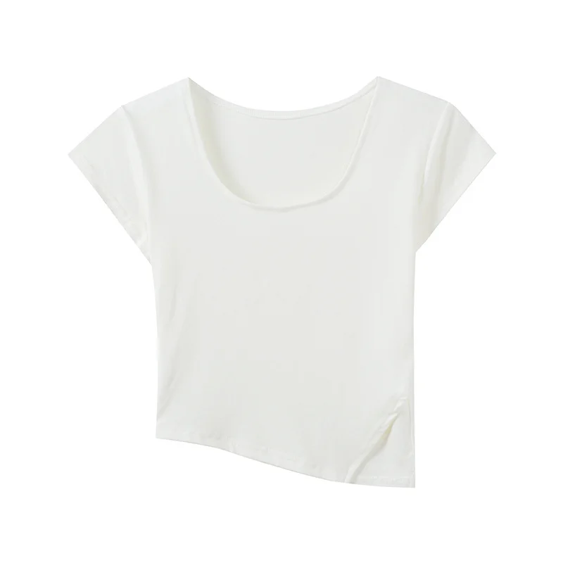 Brownm Brownm Summer Square Collar Short Slim T-Shirt Bottom Irregular Hot Girl With A Female Slit Short-Sleeved Shirt To Look Slim