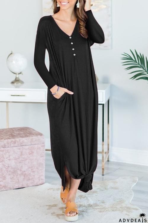 Button Side Slit Long Sleeve Maxi Dress