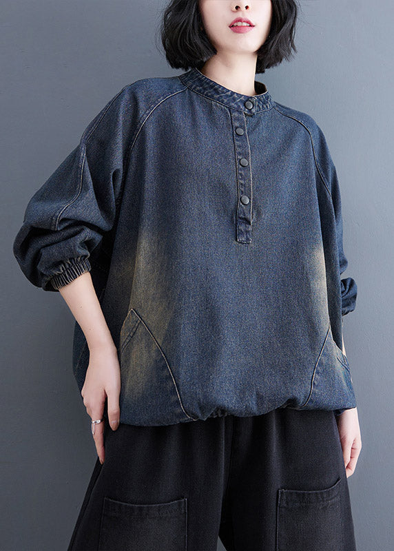 VCSHOES Blue Stand Collar Pockets drawstring Denim Tops Spring