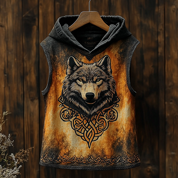Men's Viking Wolf Art Cozy Linen Hooded Vest