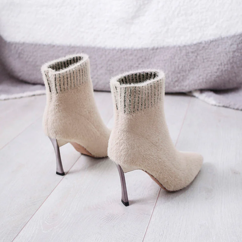 Boots Mid calf Woman Fall Winter Socks Boots Women's fur High heels Short Boot Female Thin heel Booties Pointed toes BEIGE BLACK