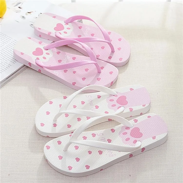 Pink/White/Black Kawaii Cute Cat Paws Summer Love Hearts Sandals SP17698