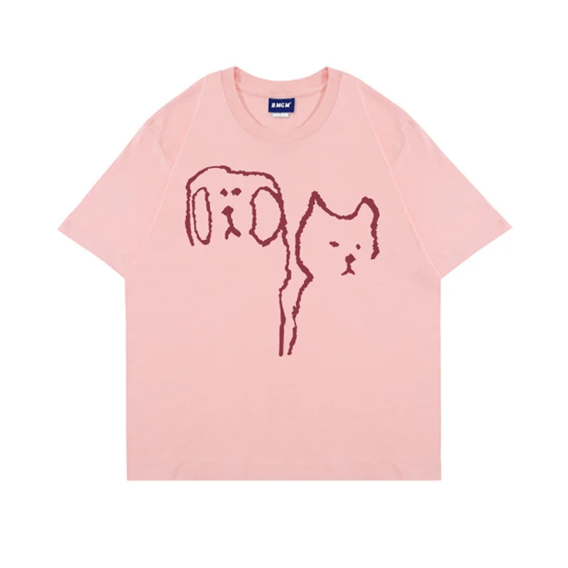 Men's Short Sleeved T-shirt Summer Dog and Cat Print 100%Cotton Soft Tee