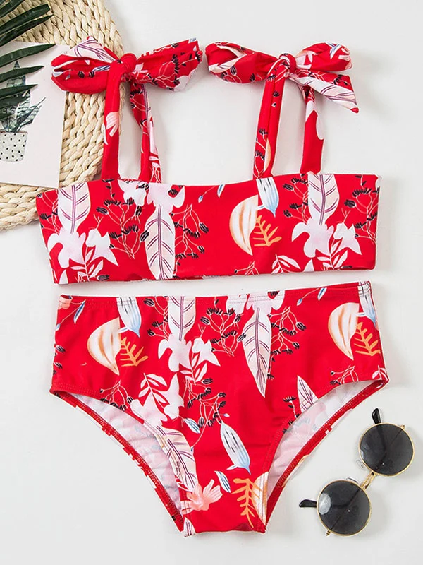 Floral-Print Bandeau Knotted Split Bikini Swimsuit