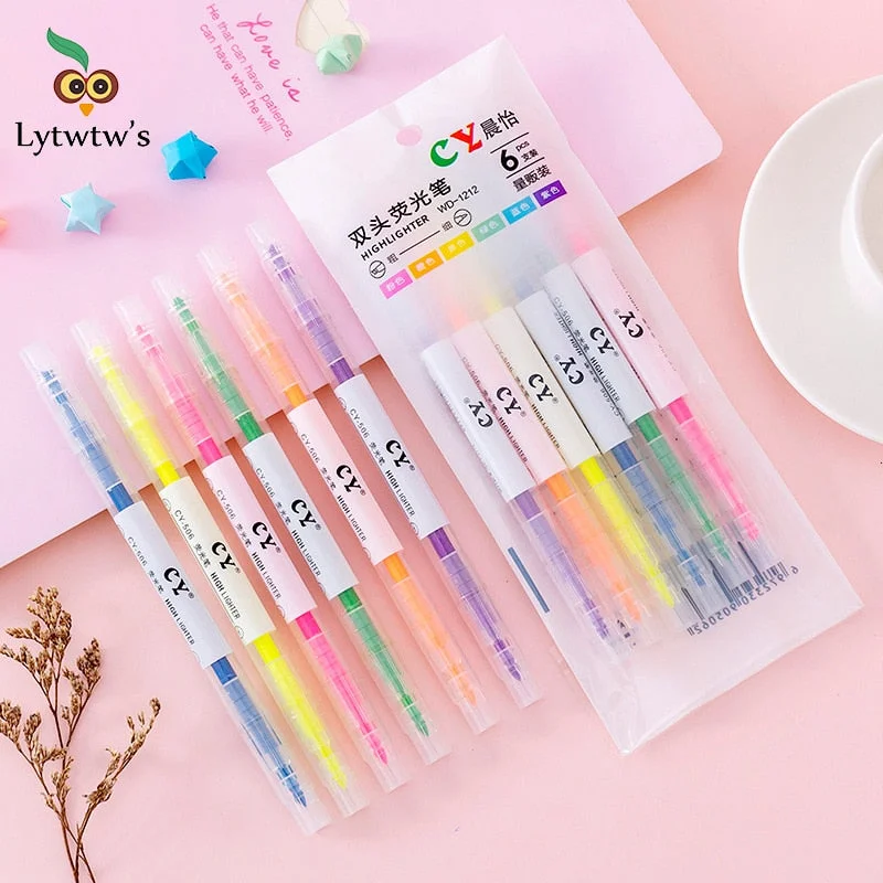 6 Pieces Lytwtw's Korean Double Writing Creativity 6 Color Cute Art Marker Graffiti Highlighter Pens