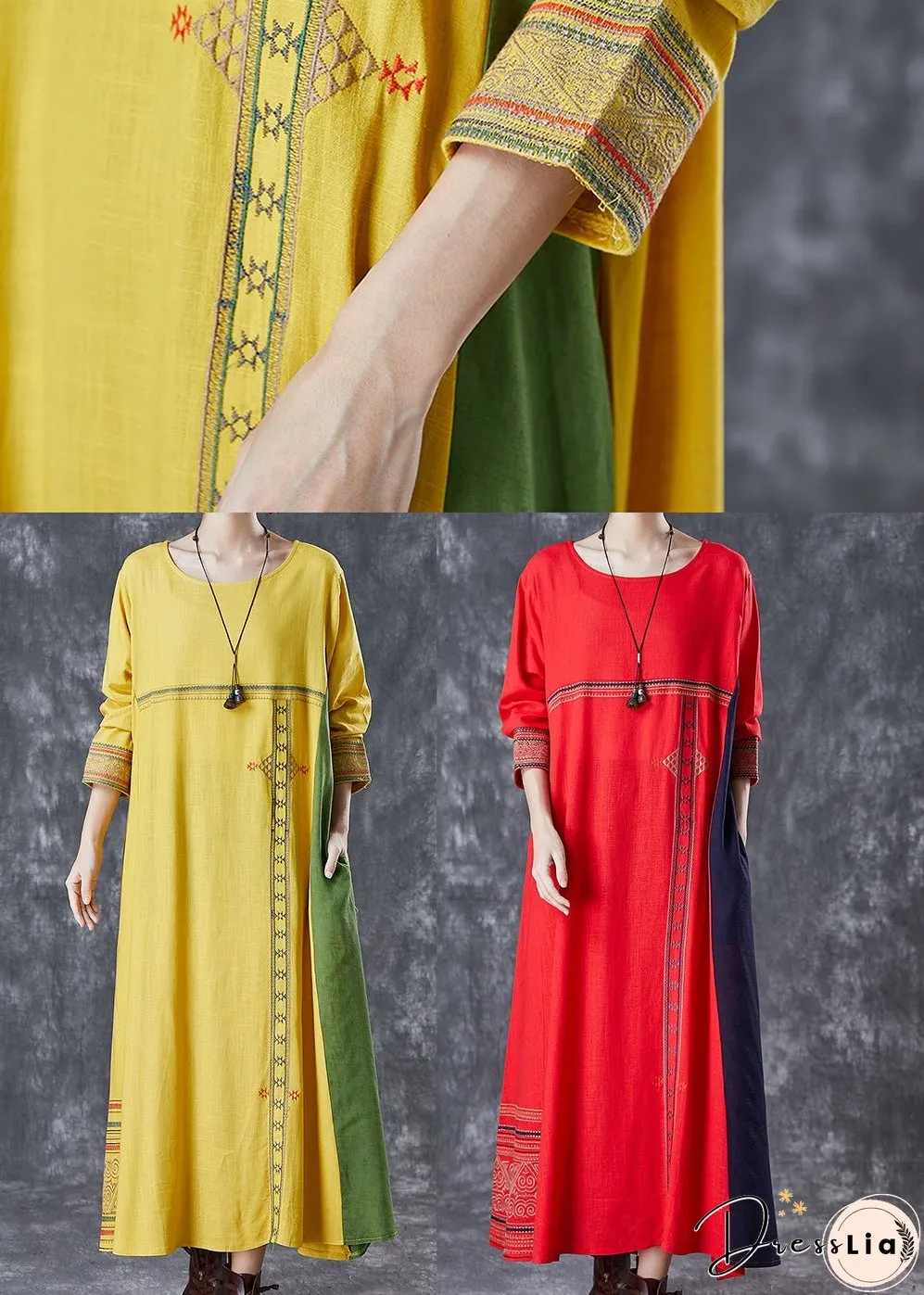 Modern Yellow Embroideried Patchwork Linen Maxi Dresses Spring
