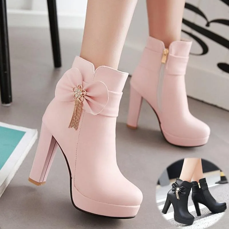 White/Pink/Black Pastel Bow High Heel Boots SP1710861