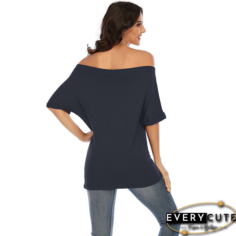 Navy Blue Cotton Blend Off Shoulder Tops