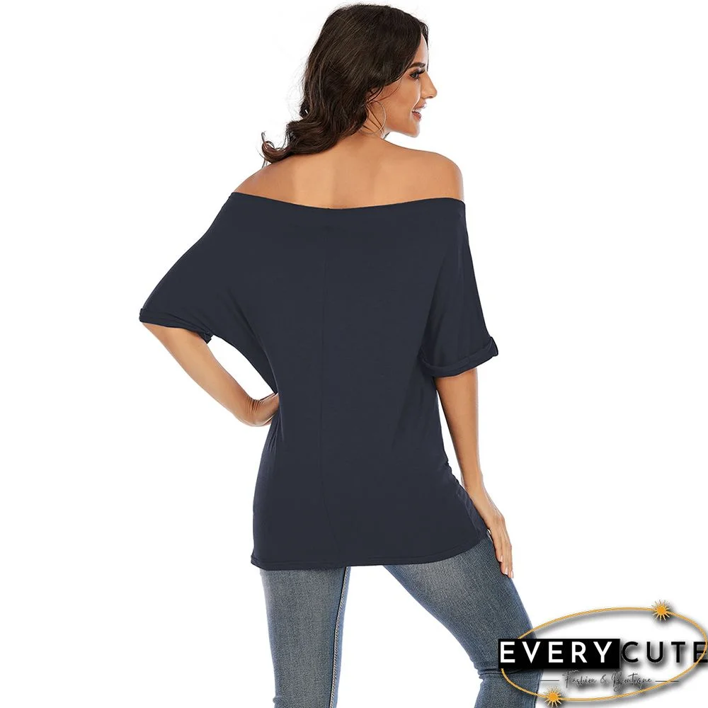Navy Blue Cotton Blend Off Shoulder Tops