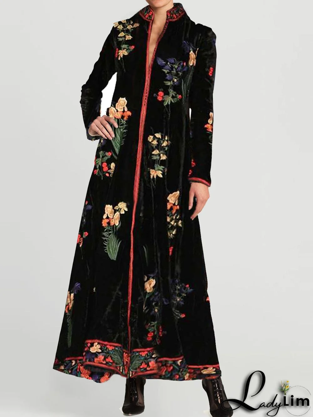 UR Casual Floral Stand Collar Long Sleeve Velvet Midi Dress