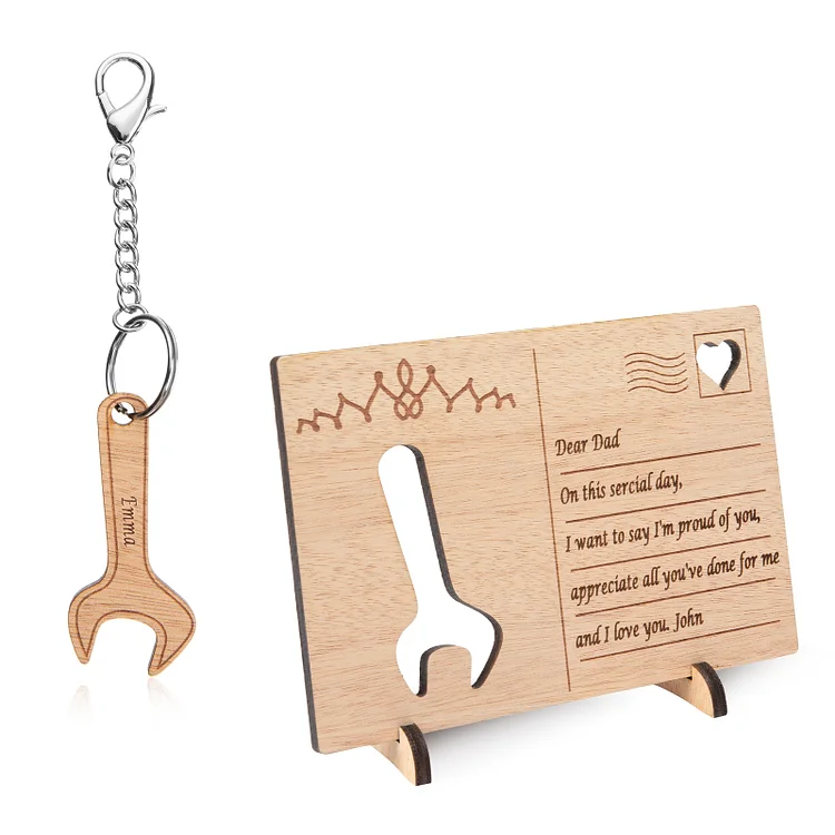 Personalized Wooden Postcard Keychain Set Tool Keepsake for Dad