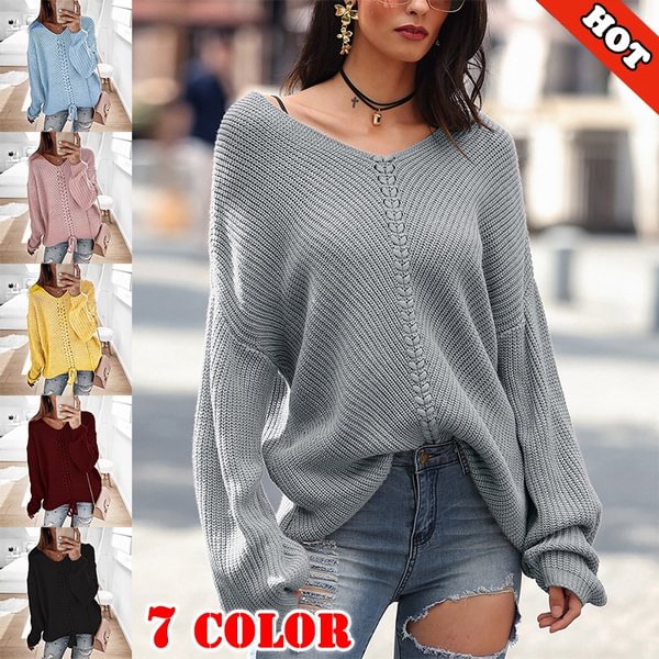 Women Fashion Sweater Autumn Winter Long Sleeve Casual Loose Pullover Sweaters V-neck Knit Sweaters - Shop Trendy Women's Fashion | TeeYours