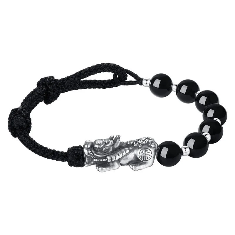 999 Sterling Silver FengShui PiXiu Natural Black Obsidian 925 Sterling Silver Bead Strength Bracelet