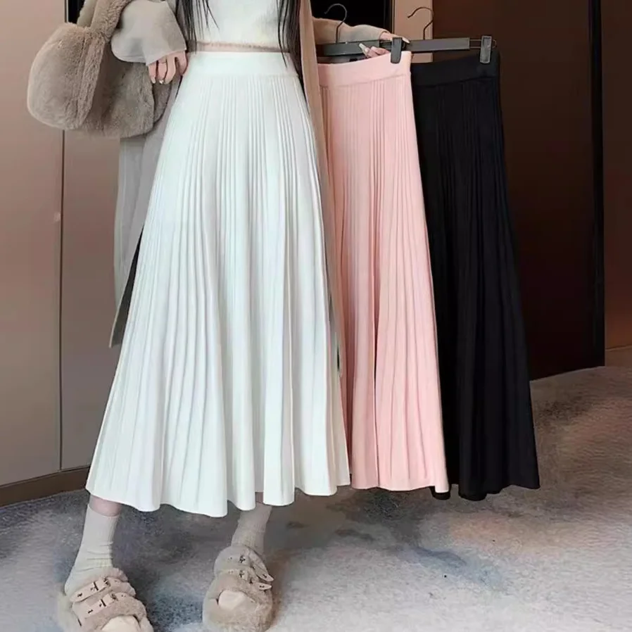 Toloer Toloer And Winter Loose Cover Meat Show Thin White Knit Skirt Female Pleated Skirt Lazy Casual Long Skirt Big Skirt-Outfit Ideas