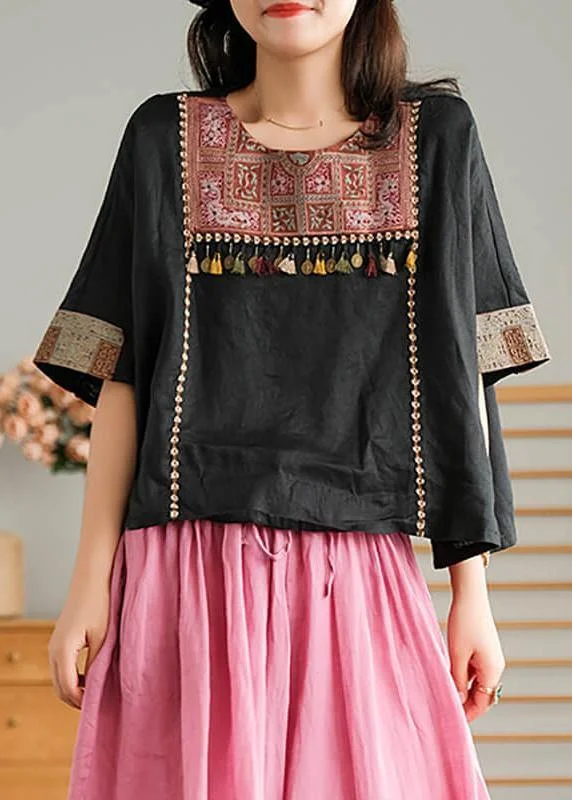 Black Vintage Embroidered Linen Women T-shirt
