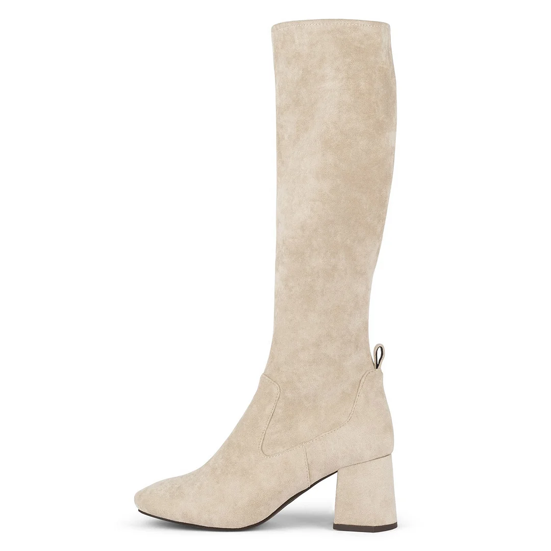 Beige Vegan Suede Round Toe Zipper Chunky Heel Knee High Boots