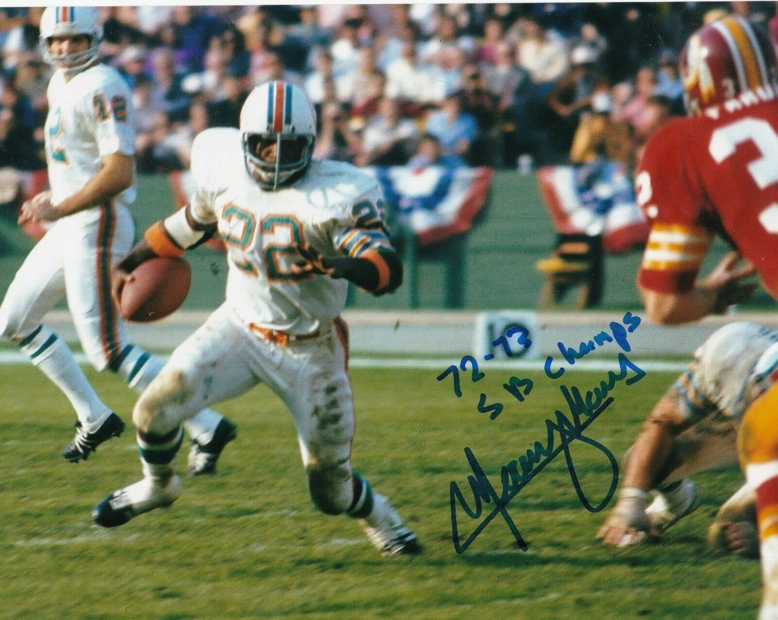 MERCURY MORRIS MIAMI DOLPHINS 72,73 CHAMPS SUPER BOWL ACTION SIGNED 8x10