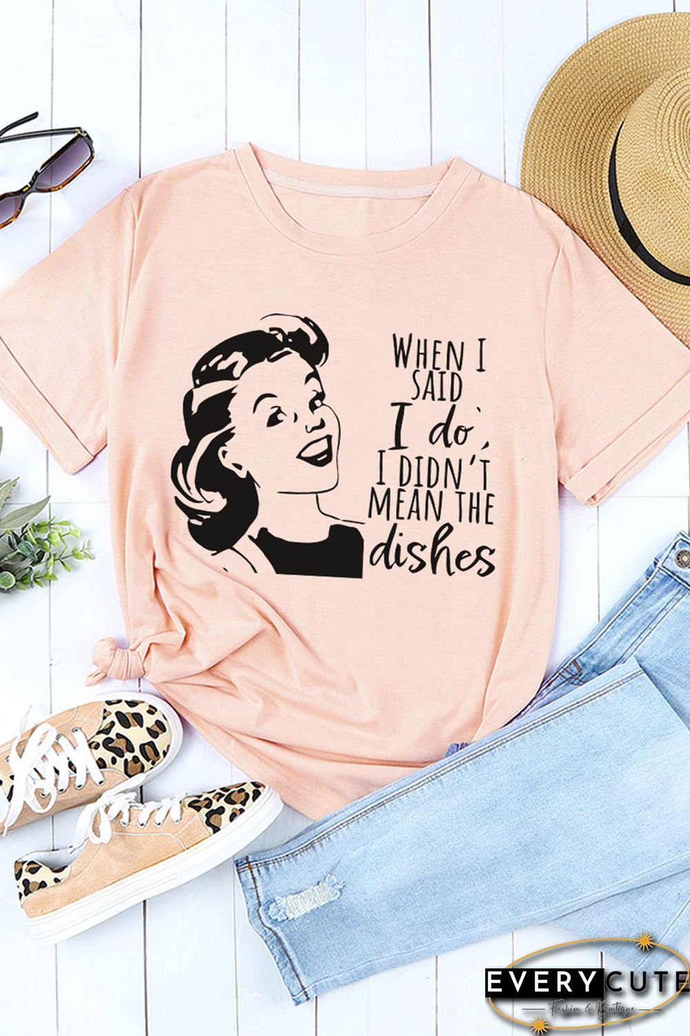 Pink Funny Letters Figure Print Short Sleeve Graphic Tee