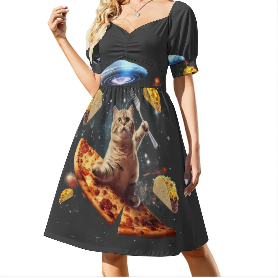 Funny Space Pizza Cat Dress Women Boho High Waist Flared Puff Sleeve Cute Sweetheart Midi Dress