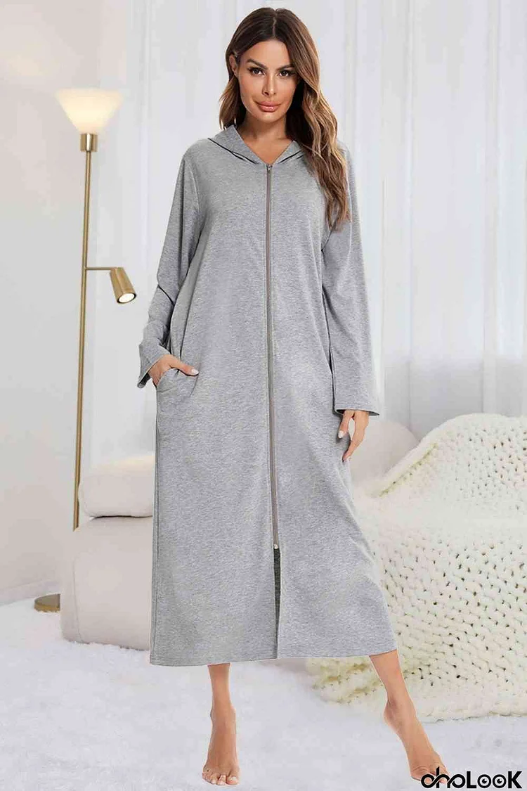 Zip Front Hooded Night Dress with Pockets