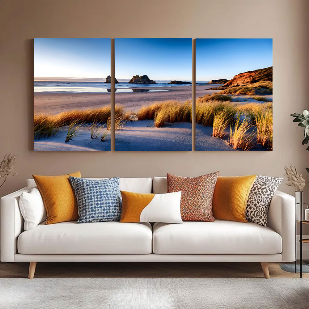 3-Piece Set Dune Grass Beach With Distant Rocks Canvas Art