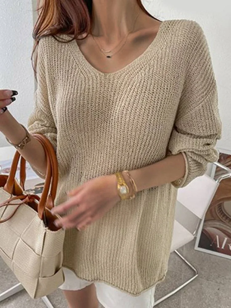 Women Casual Plain Autumn V Neck Daily Pullover Wool/Knitting Regular Size Sweater