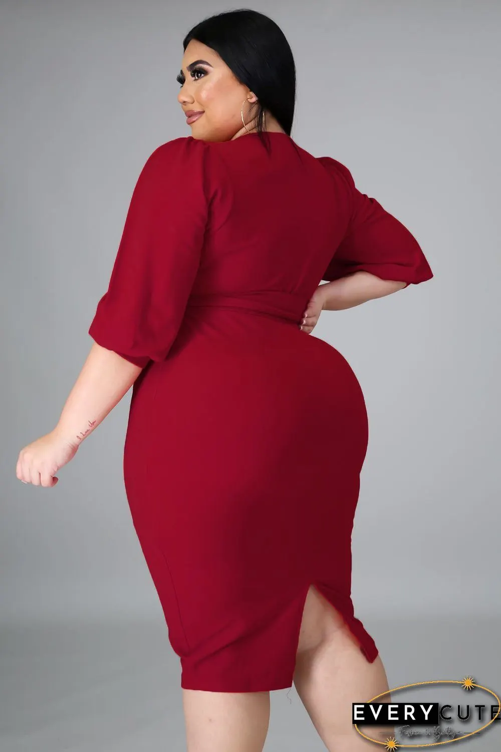 Red Plus Size Puff Sleeve Wrap V Neck Midi Dress
