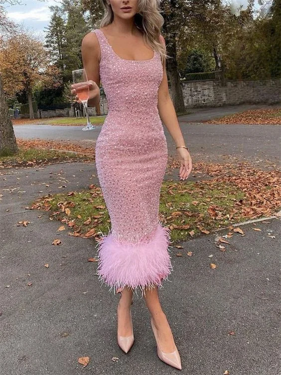 Fashion Pearl Feather Panel Sequin Dress