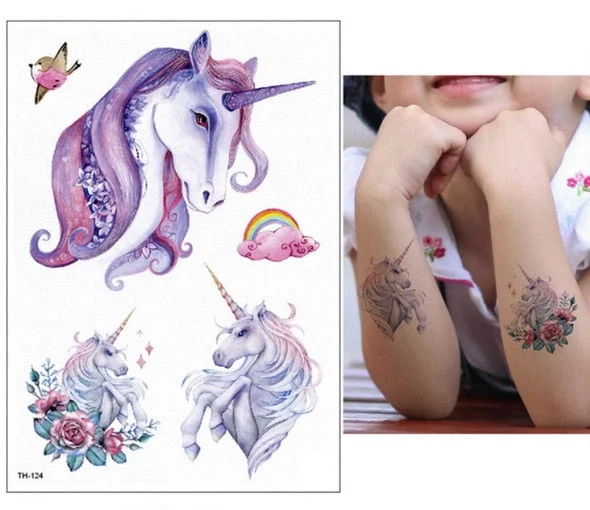 New Cartoon Blue Unicorn Fairy Tales Temporary Tattoo For Children Kids Waterproof Flash Tattoo Sticker Girl Baby Body Art Horse