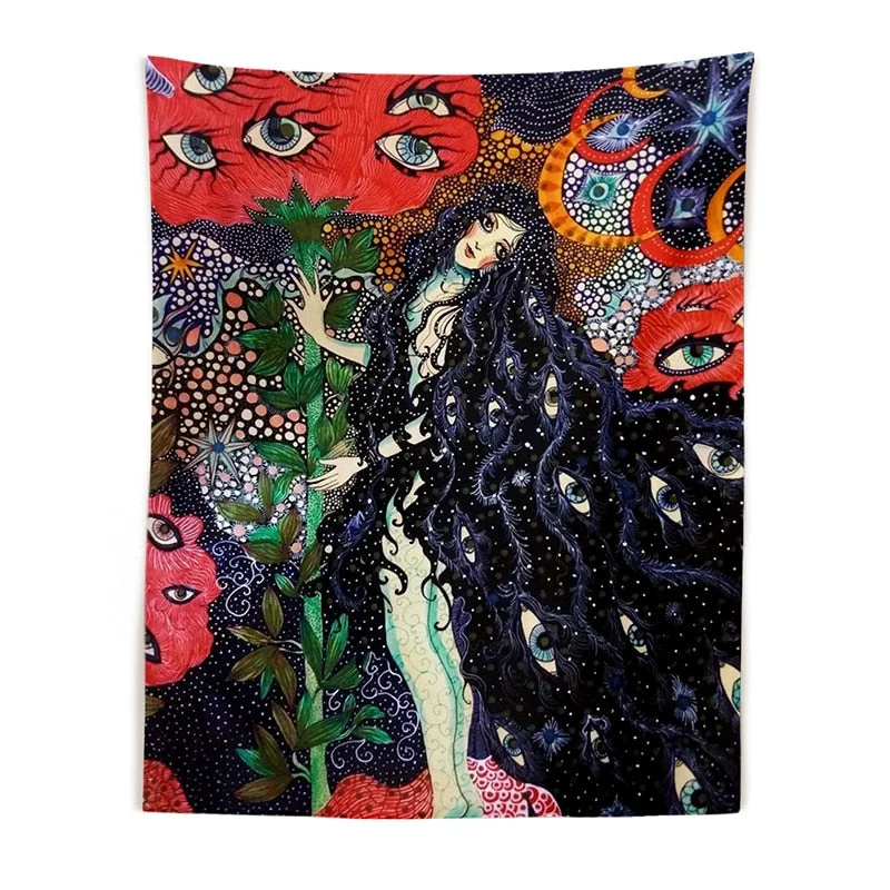 Psychedelic Girl Tapestry Wall Hanging Botanical Celestial Floral Tapestry Hippie Eye Wall Carpets Dorm Decor Starry SkyCarpet