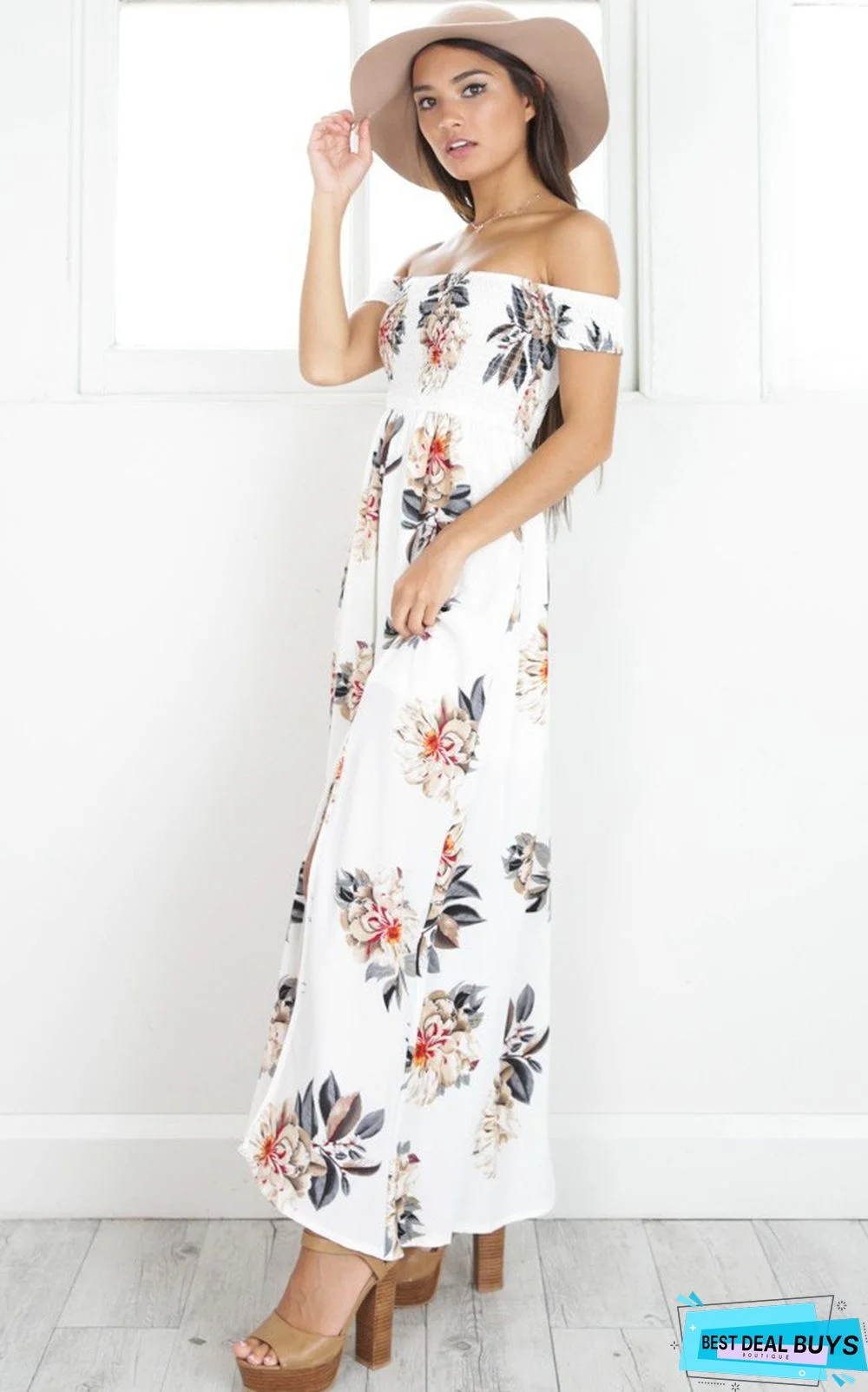 Chest-Wrapped Flower Printed Beach Gown White Dresses