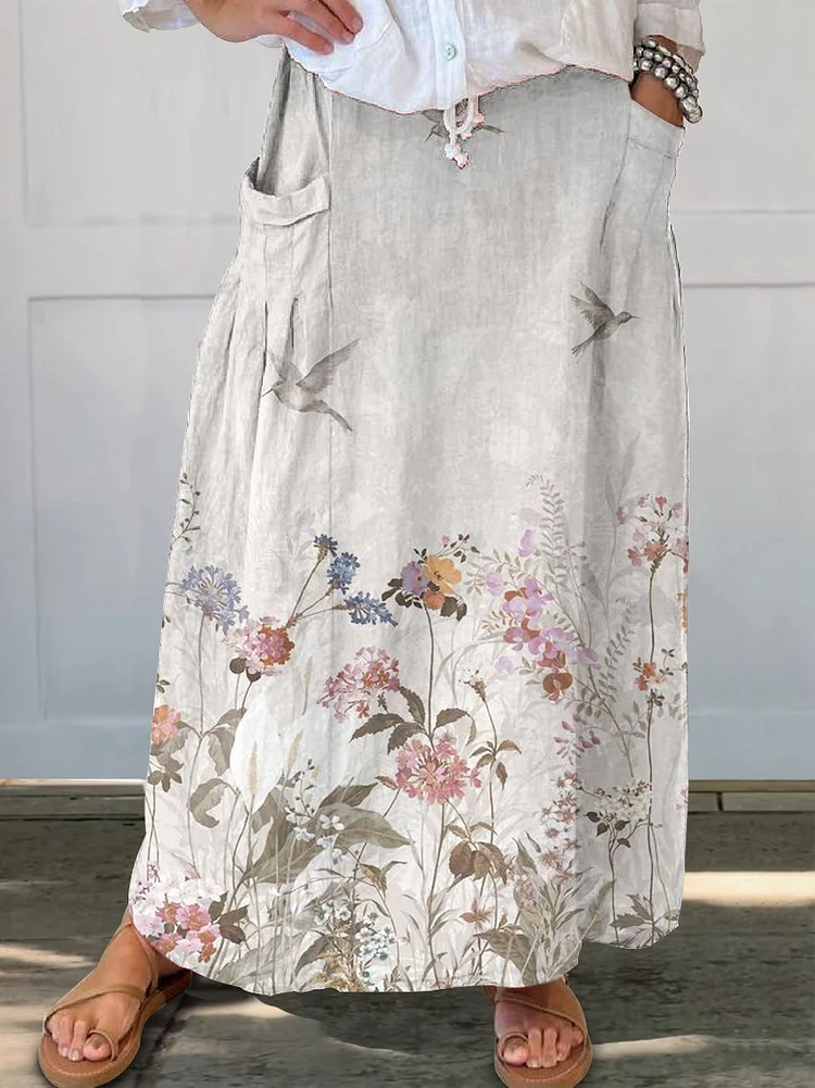 Bird and Flower Print Women's Linen Pocket Skirt