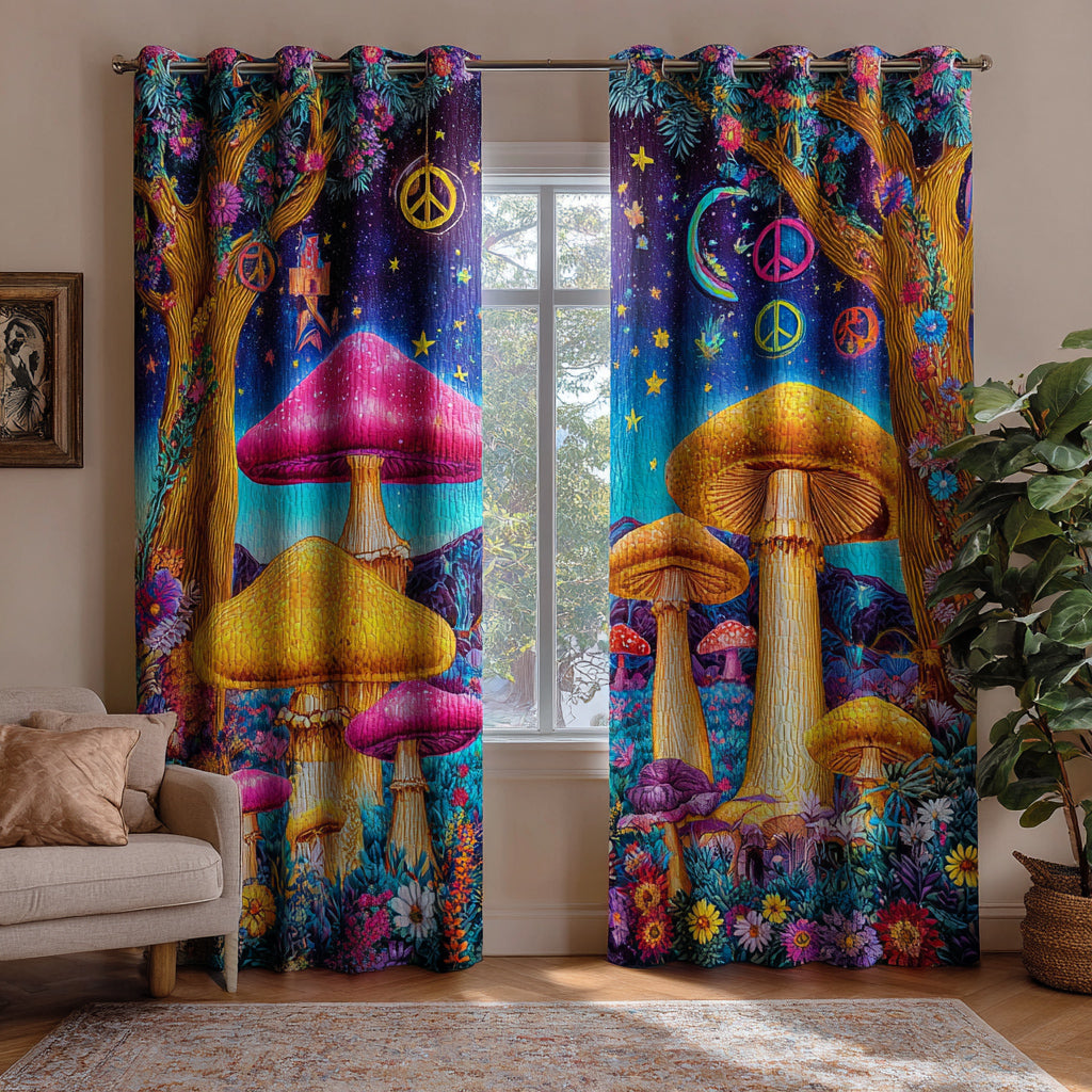 Hippie Mushroom Cosmos Printed Quilted  Curtains NCU0HH1491