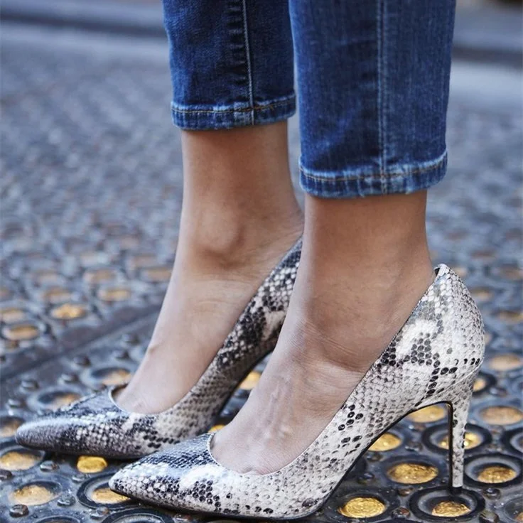 Women's Grey Stiletto Heels Patent Leather Pointy Toe Python Pumps |FSJ Shoes