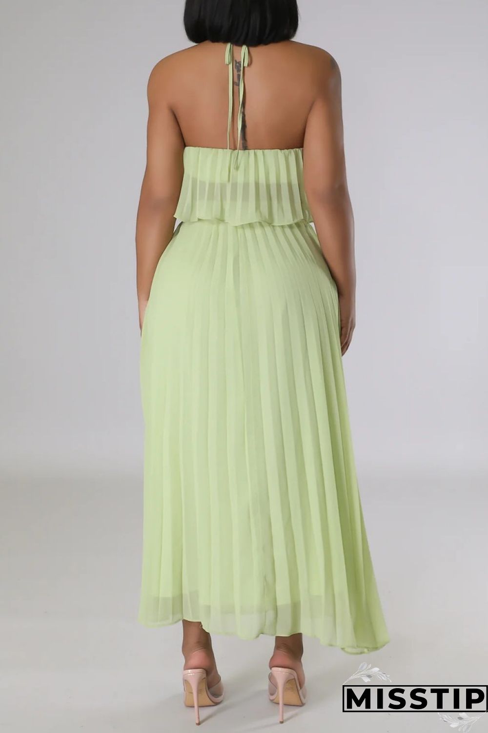 Mint green Casual Solid Bandage Backless Pleated Halter Sleeveless Two Pieces