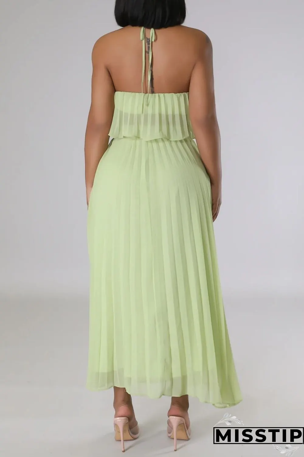 Mint green Casual Solid Bandage Backless Pleated Halter Sleeveless Two Pieces