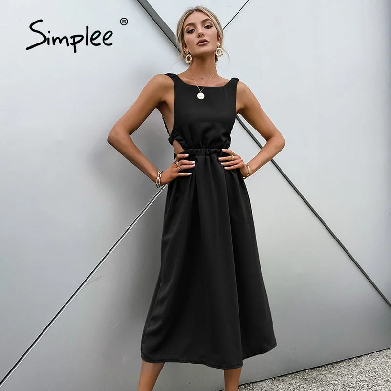 Simplee Elegant Summer solid backless a-line dress women O-neck cotton high waist  dress sleeveless Sexy long dresses chic