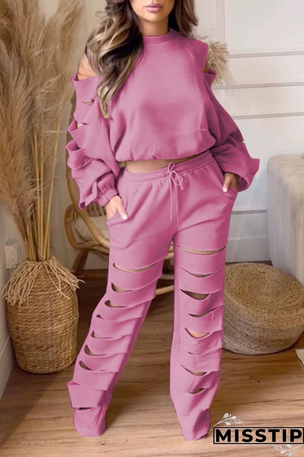 Black Casual Street Solid Hollowed Out Patchwork O Neck Long Sleeve Two Pieces