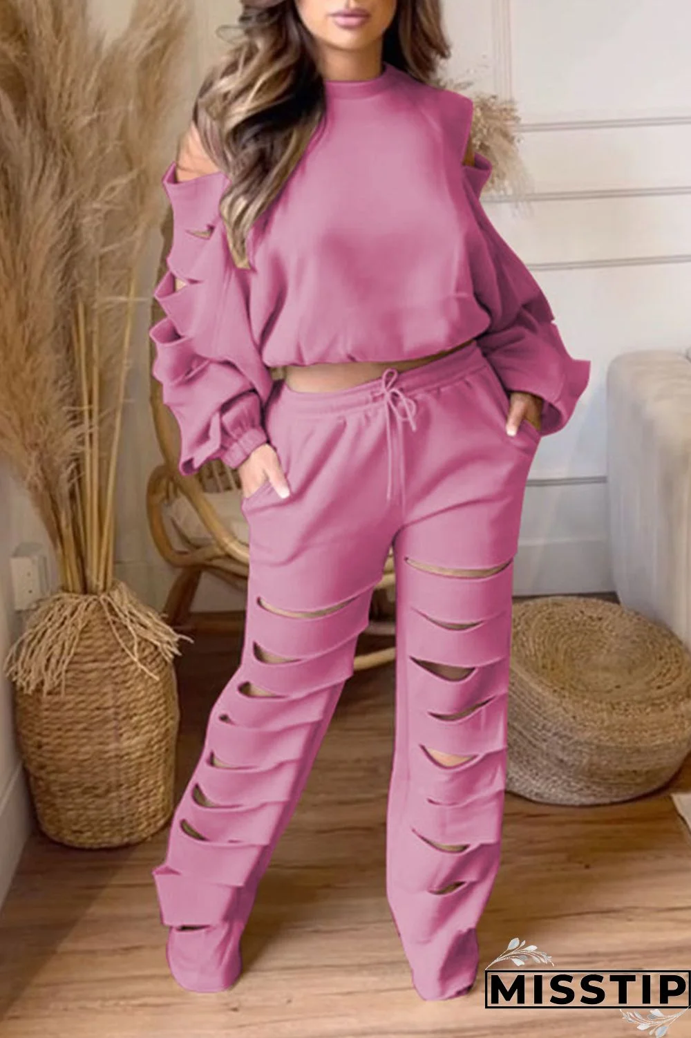 Black Casual Street Solid Hollowed Out Patchwork O Neck Long Sleeve Two Pieces